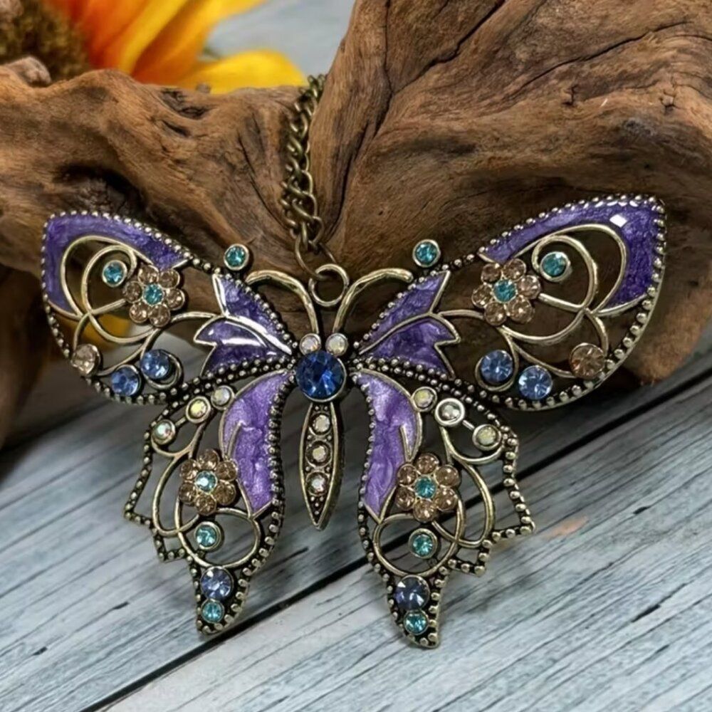 Hollow Butterfly Pendant Oil Drop Inlay Pink/Turquoise Rhinestone Aged Bronze